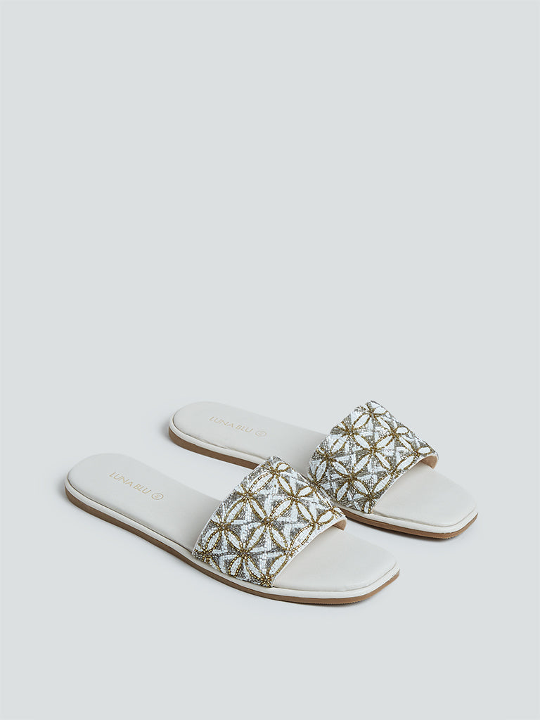 LUNA BLU White Beaded Artisanal Slides